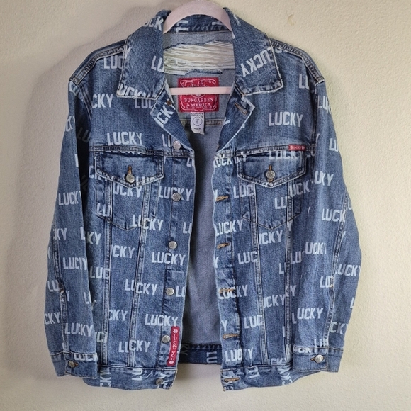 Lucky Brand Blue Jean Jacket with Graphic Print - Picture 1 of 6